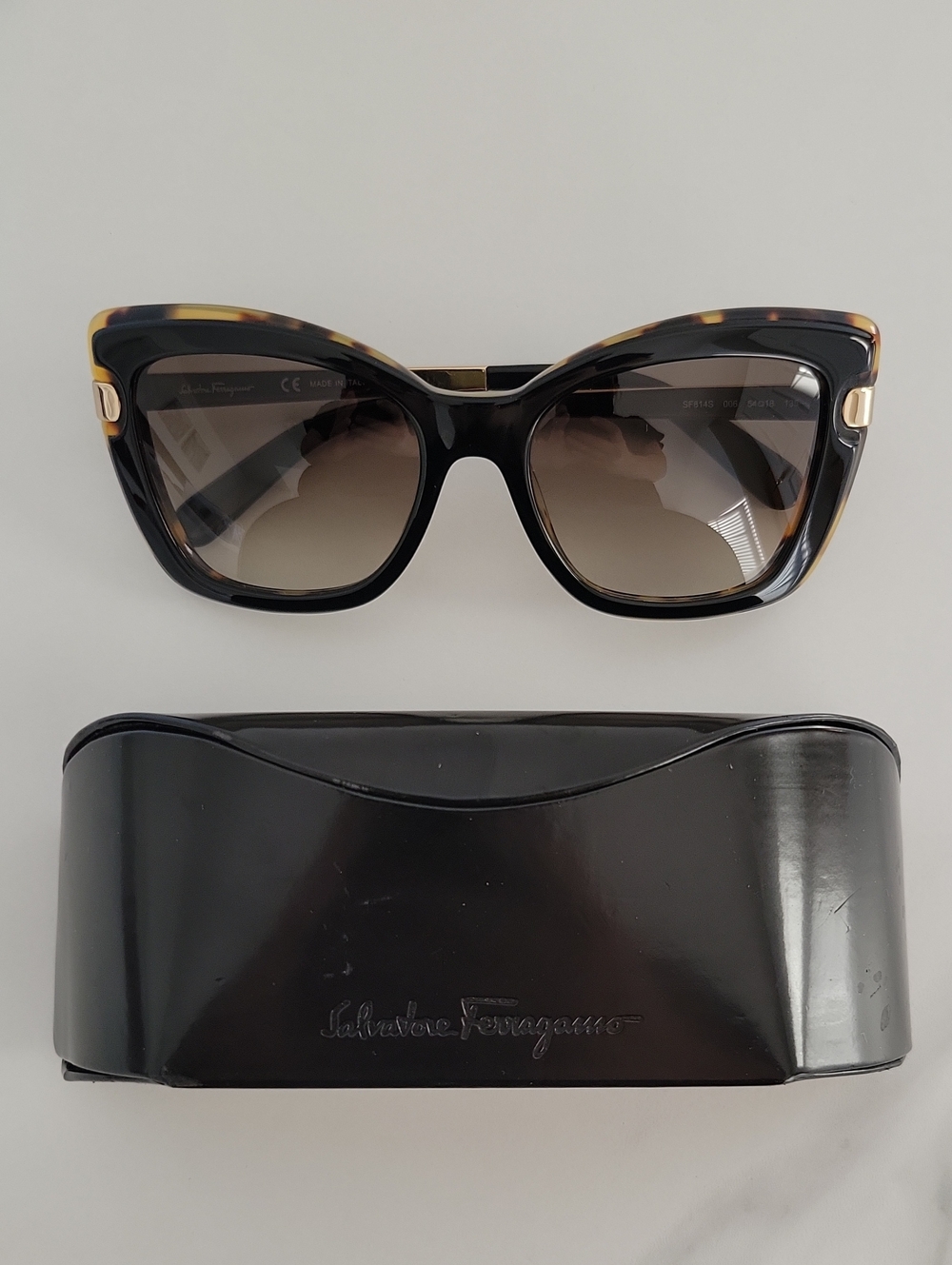 Salvatore Ferragamo Tortoiseshell Black Cat-Eye Sunglasses with Gold Accents